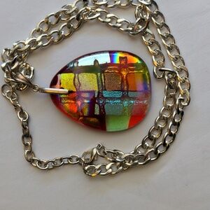 New Colorful Diacroic Glass Pendant Necklace Silver Chain 18"+3"